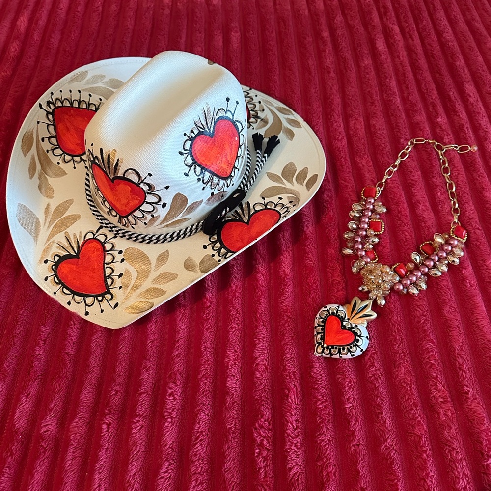Heart Accent White Cowboy Hat with Red Hearts